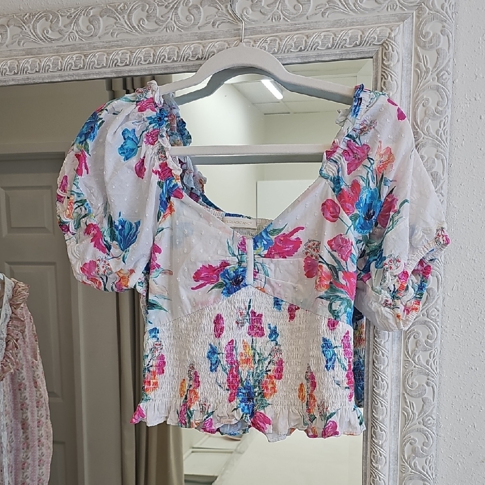 LoveShackFancy Pink and Blue Flutter Sleeve Crop Blouse - Missing Size Tag